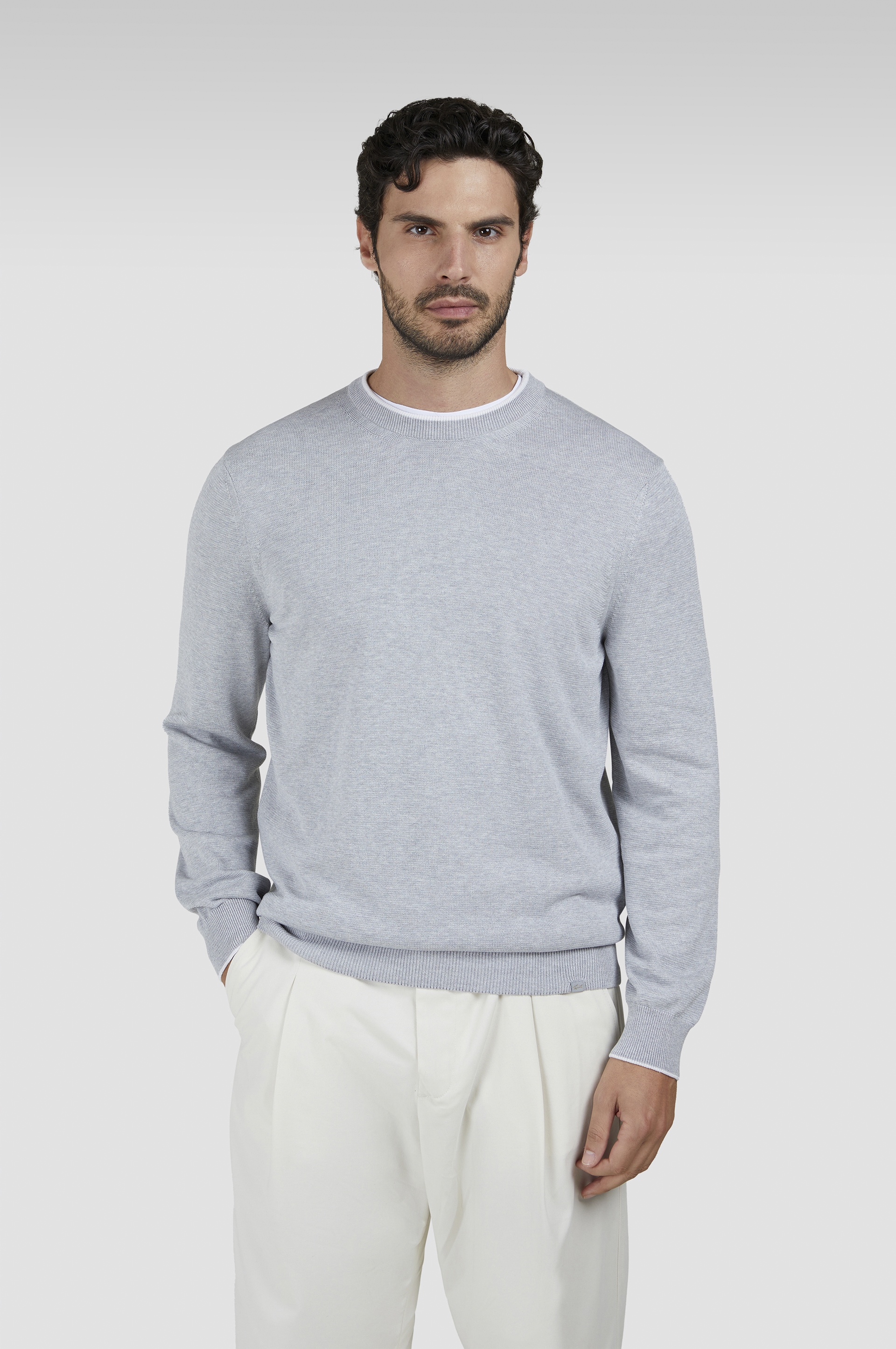 CREW NECK SWEATER IN COTTON AND SILK WITH CONTRASTING TRIM - 7
