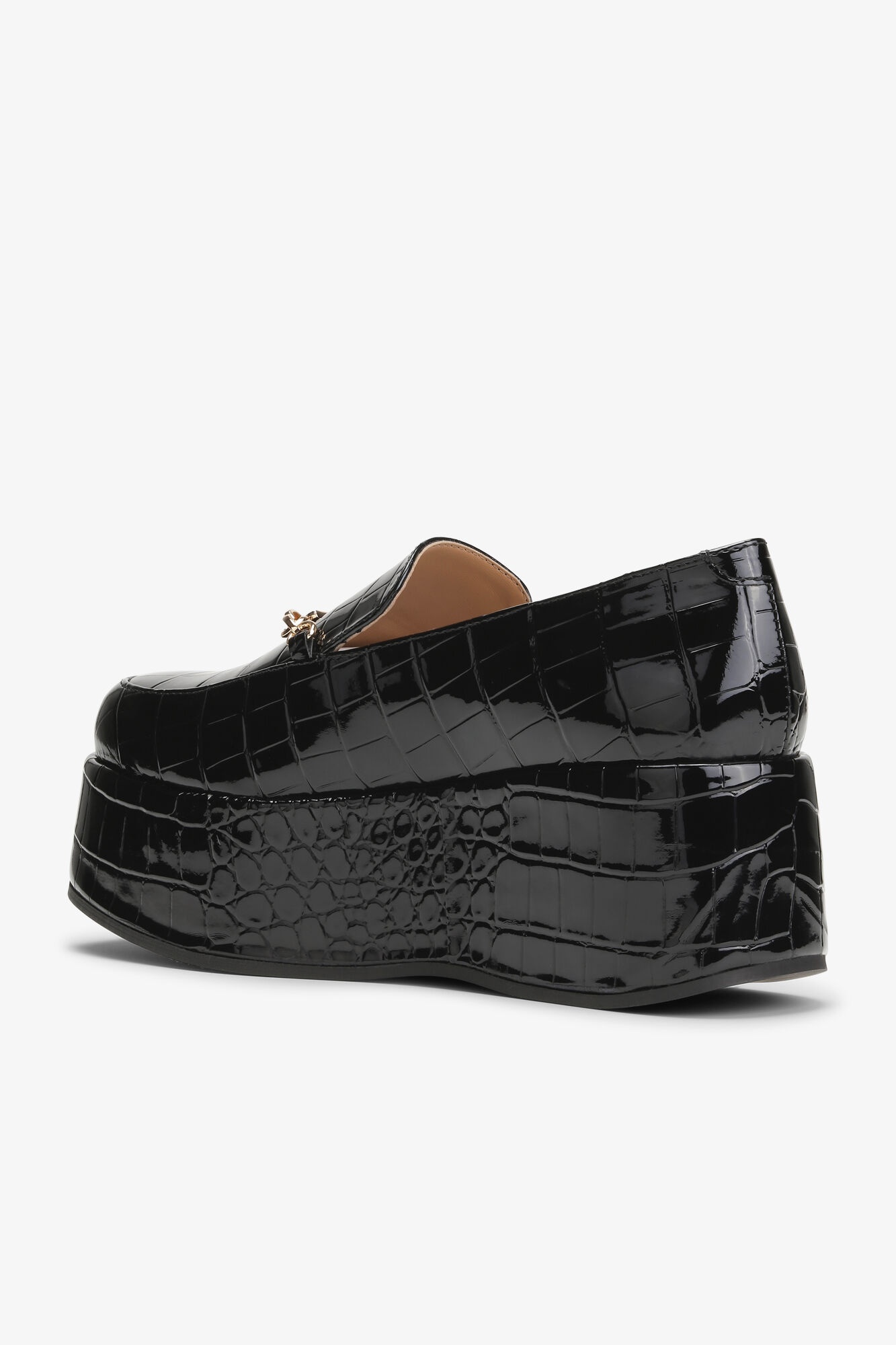 BLACK PATENT CROCO BUTTERFLY CHAIN PLATFORM LOAFERS - 3