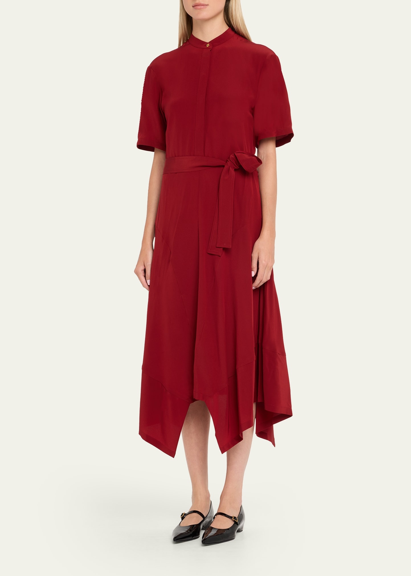 Silk Crepe De Chine Midi Dress with Tie Belt - 4