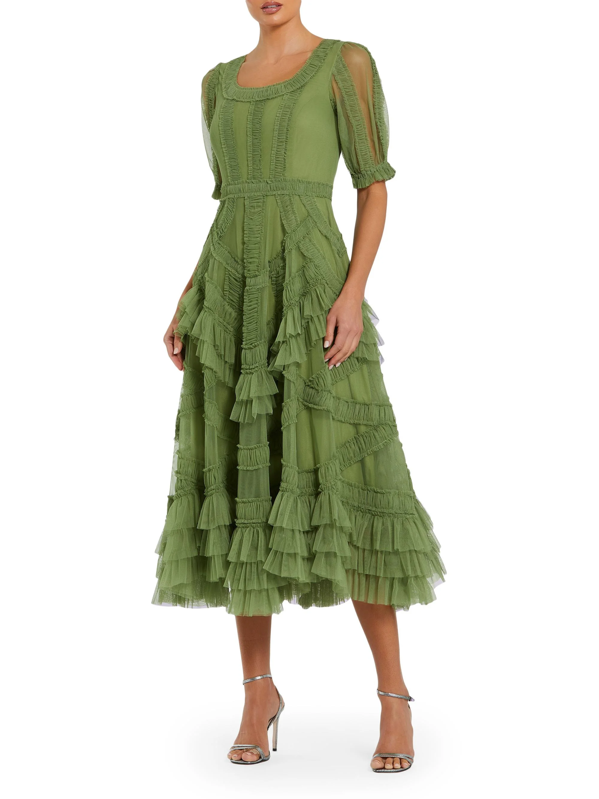 Women's Mesh Ruffled Scoopneck Midi-Dress - Moss Green - 1