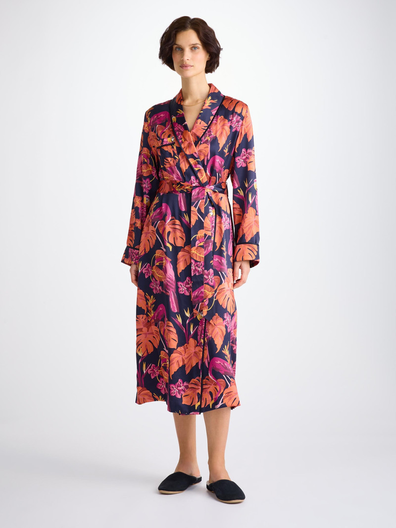 Derek Rose Women's Long Robe Silk Satin Navy Jungle Birds Pattern outlook
