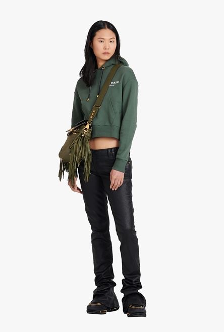 Cropped dark khaki eco-designed cotton sweatshirt with flocked white Balmain logo - 2