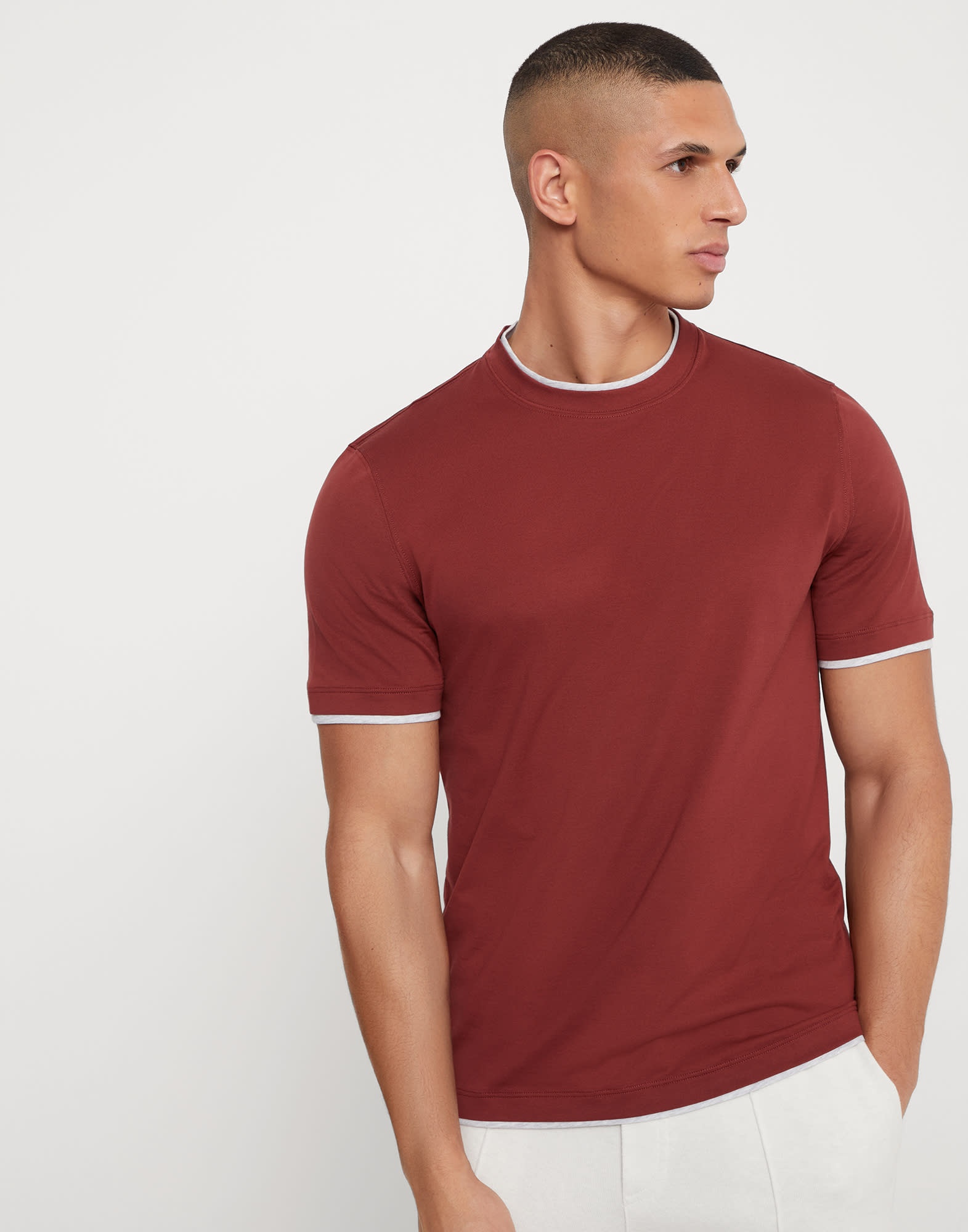 Tシャツ・カットソー Brunello Cucinelli Crew Neck T-Shirt With Faux-Layering T-shirt with faux-layering for Man in Denim | Brunello Cucinelli