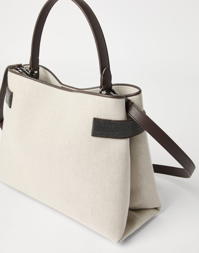Essence top-handle bag in cotton and linen drill with precious bands 3