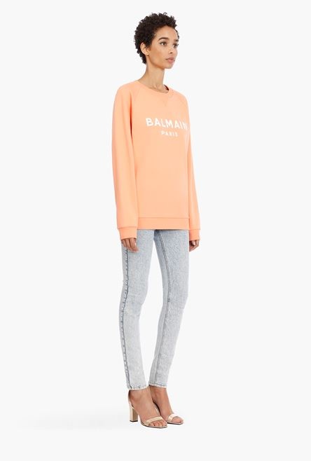 Peach cotton sweatshirt with white Balmain logo - 7