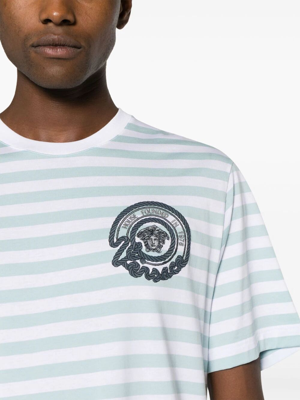Versace Men T-Shirt Striped Jersey Fabric + Embroidered Versace Nautical Emblem - 3