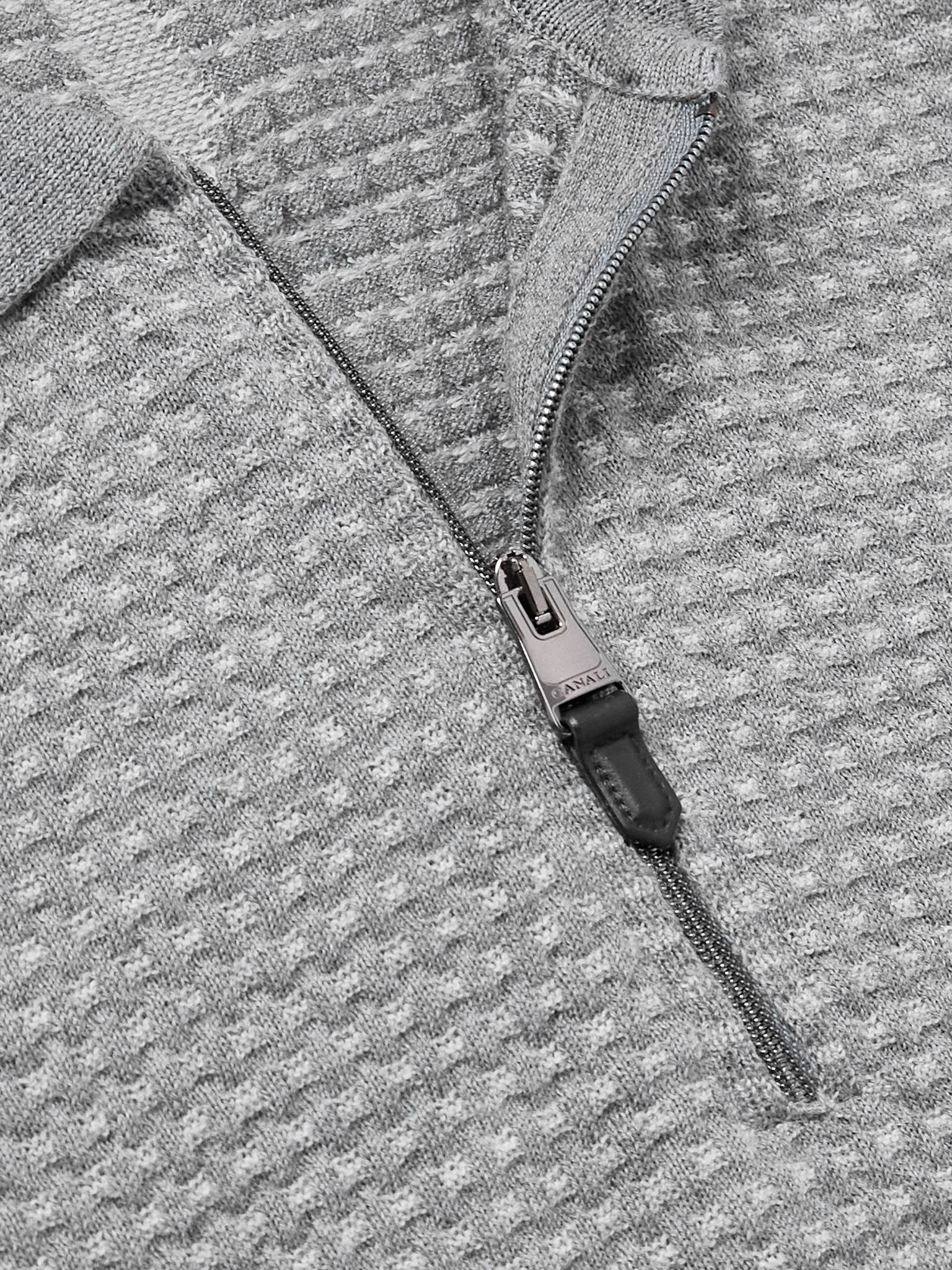 Basketweave Jacquard-Knitted Wool Half-Zip Polo Shirt Gray - 5