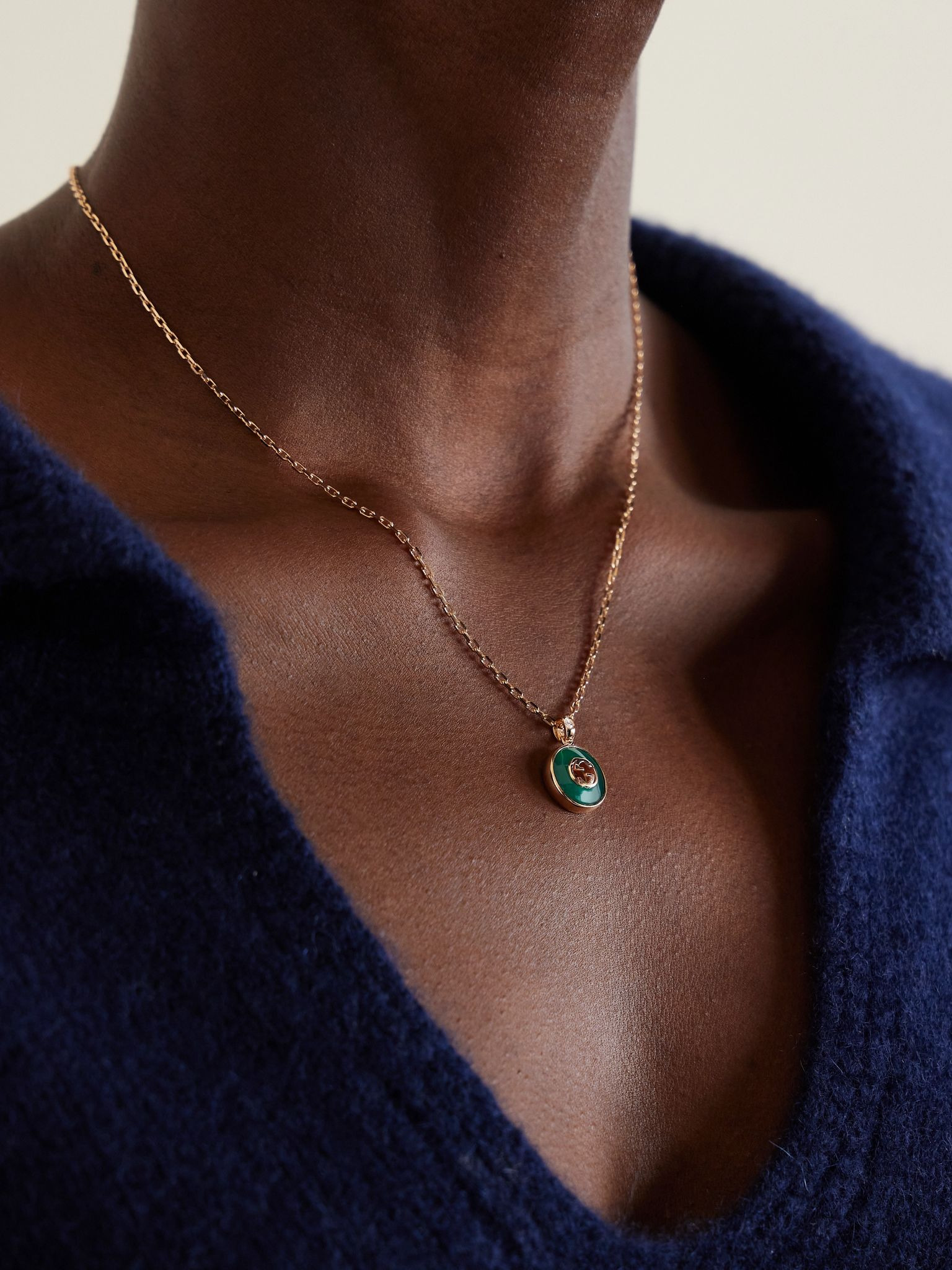 Interlocking G 18-karat gold, agate and diamond necklace Green - 2