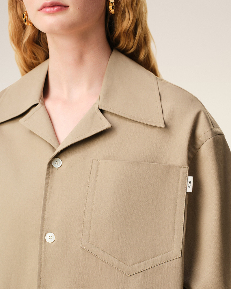 BEIGE COTTON SHORT SLEEVE CAMP COLLAR WIDE SHIRT 4