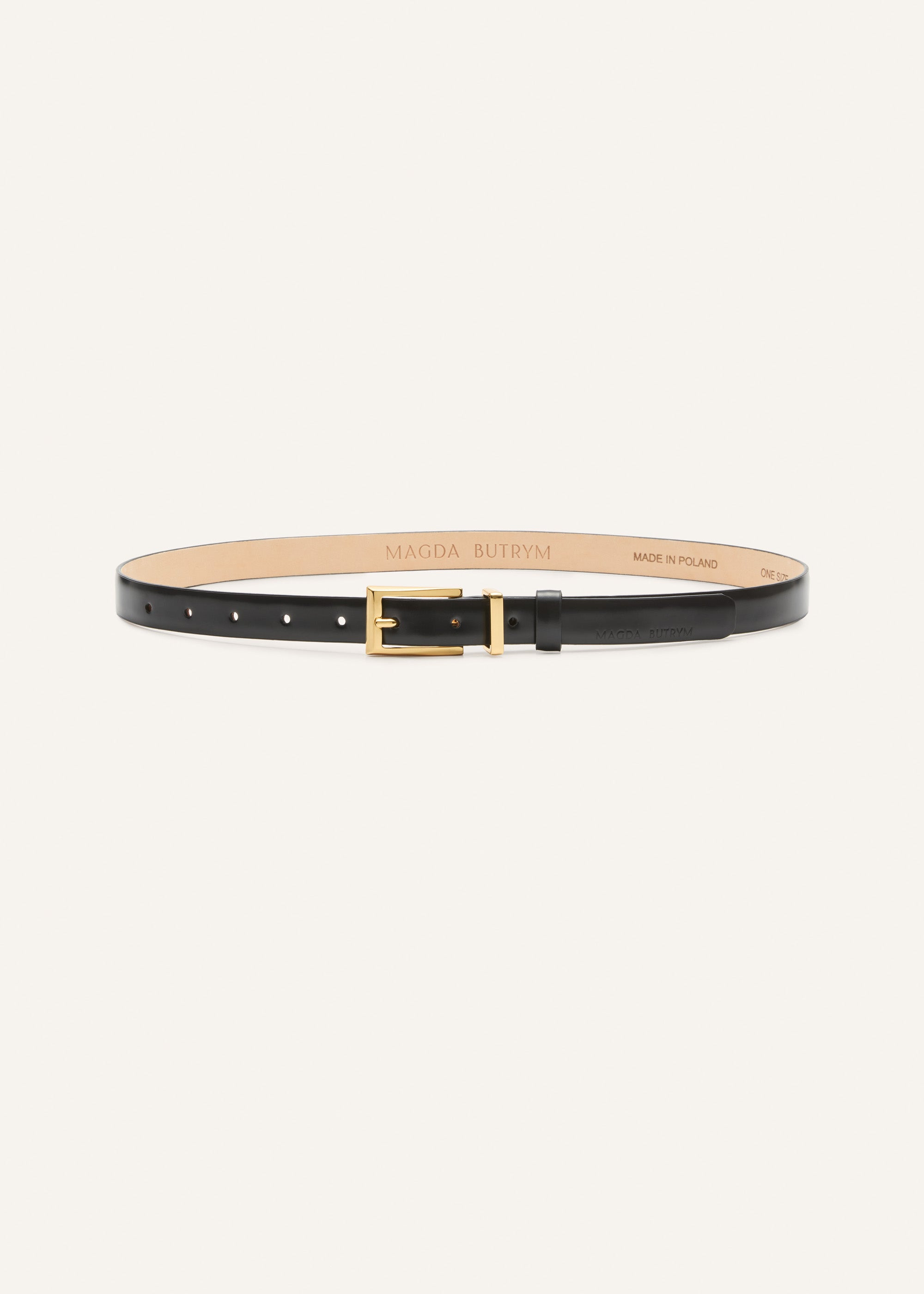 Thin classic black leather belt in gold - 2