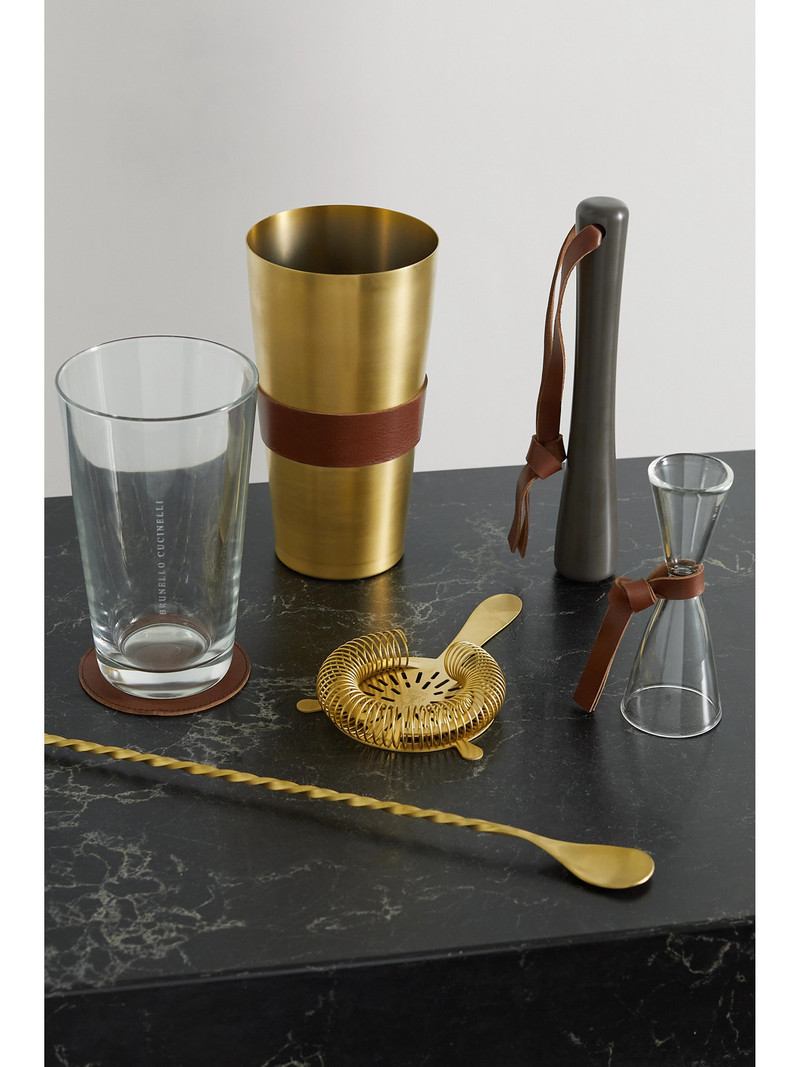 Brunello Cucinelli Leather-trimmed Gold-tone And Glass Cocktail Set outlook
