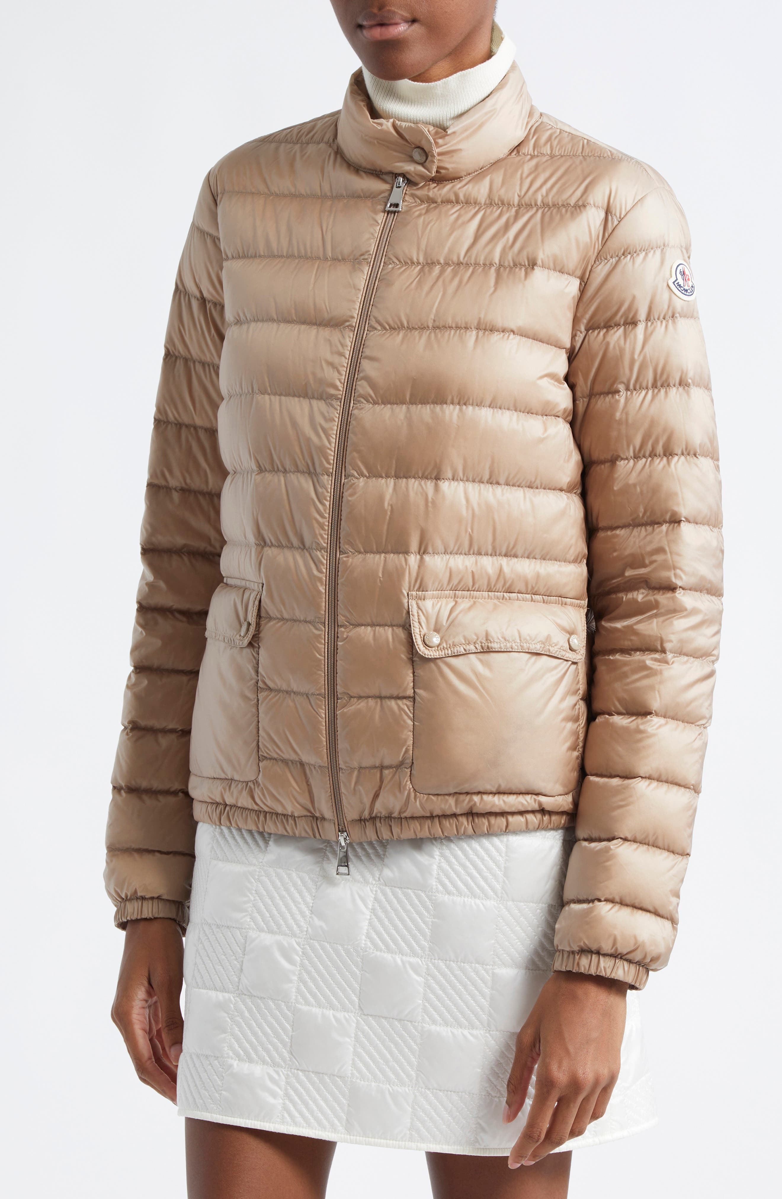Moncler Lans Channel Quilted Down Moto Jacket in Faded Beige at Nordstrom - 4