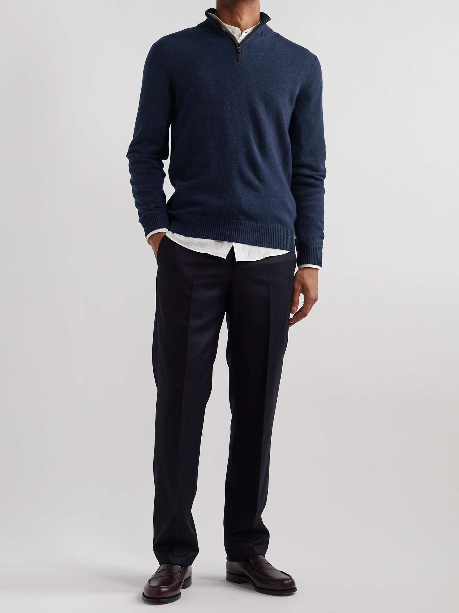 Suede-Trimmed Cashmere Half-Zip Sweater - 2