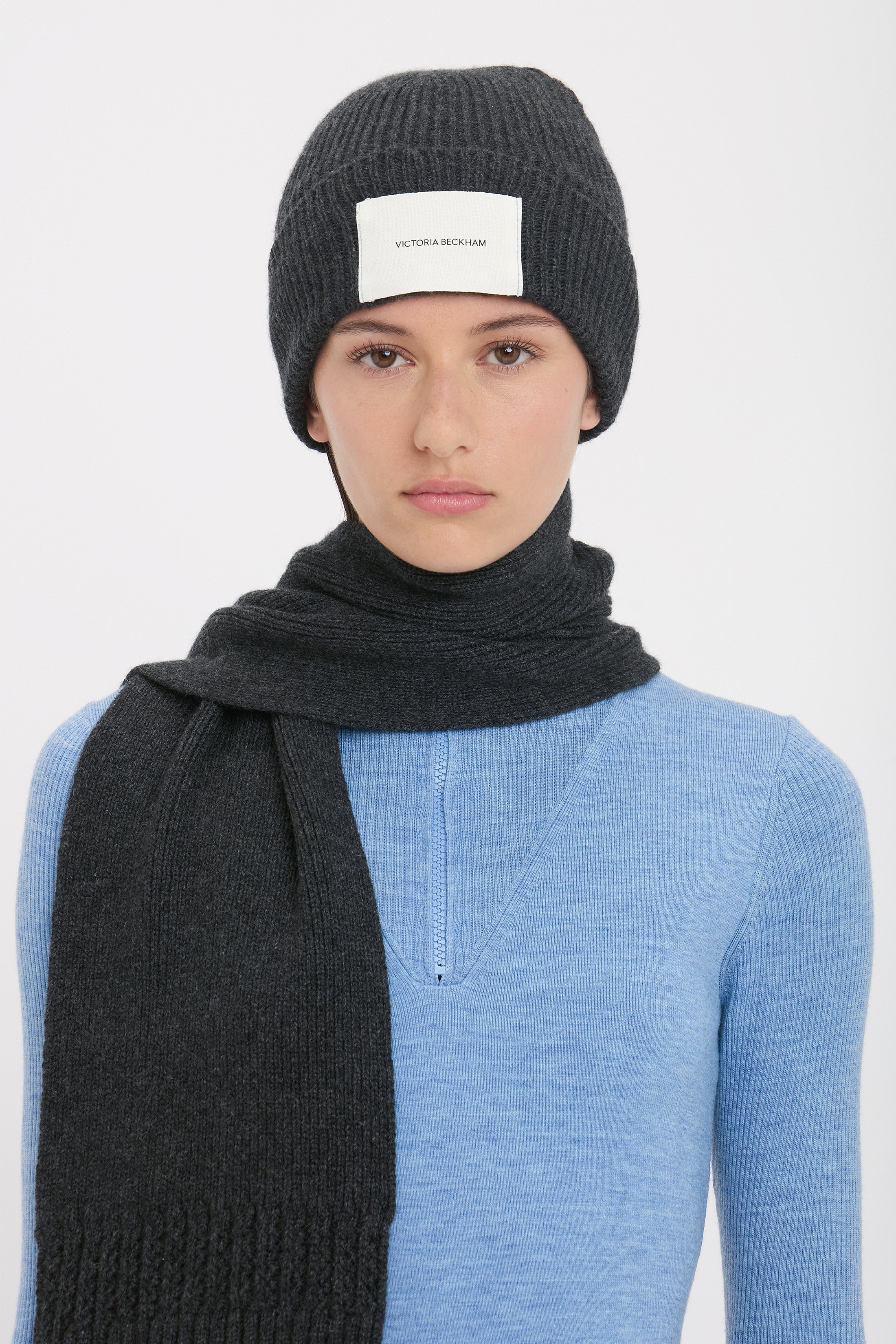 Logo Patch Beanie In Charcoal-Light Blue - 2