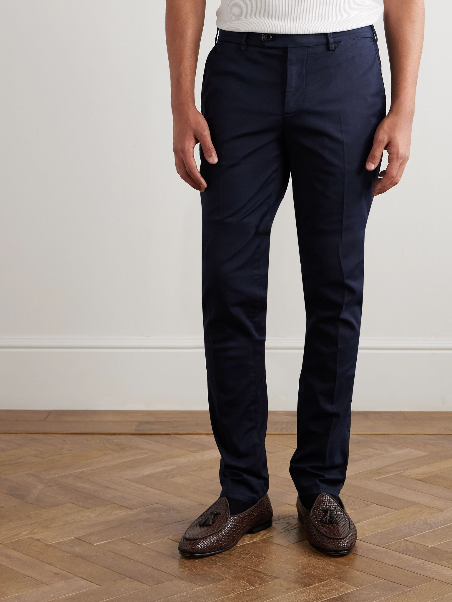Slim-Fit Tapered Stretch-Cotton Twill Trousers Navy - 3