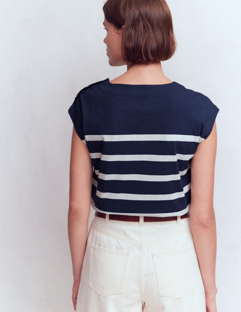 Button Detail T-Shirt-Navy and Ivory Stripe 4