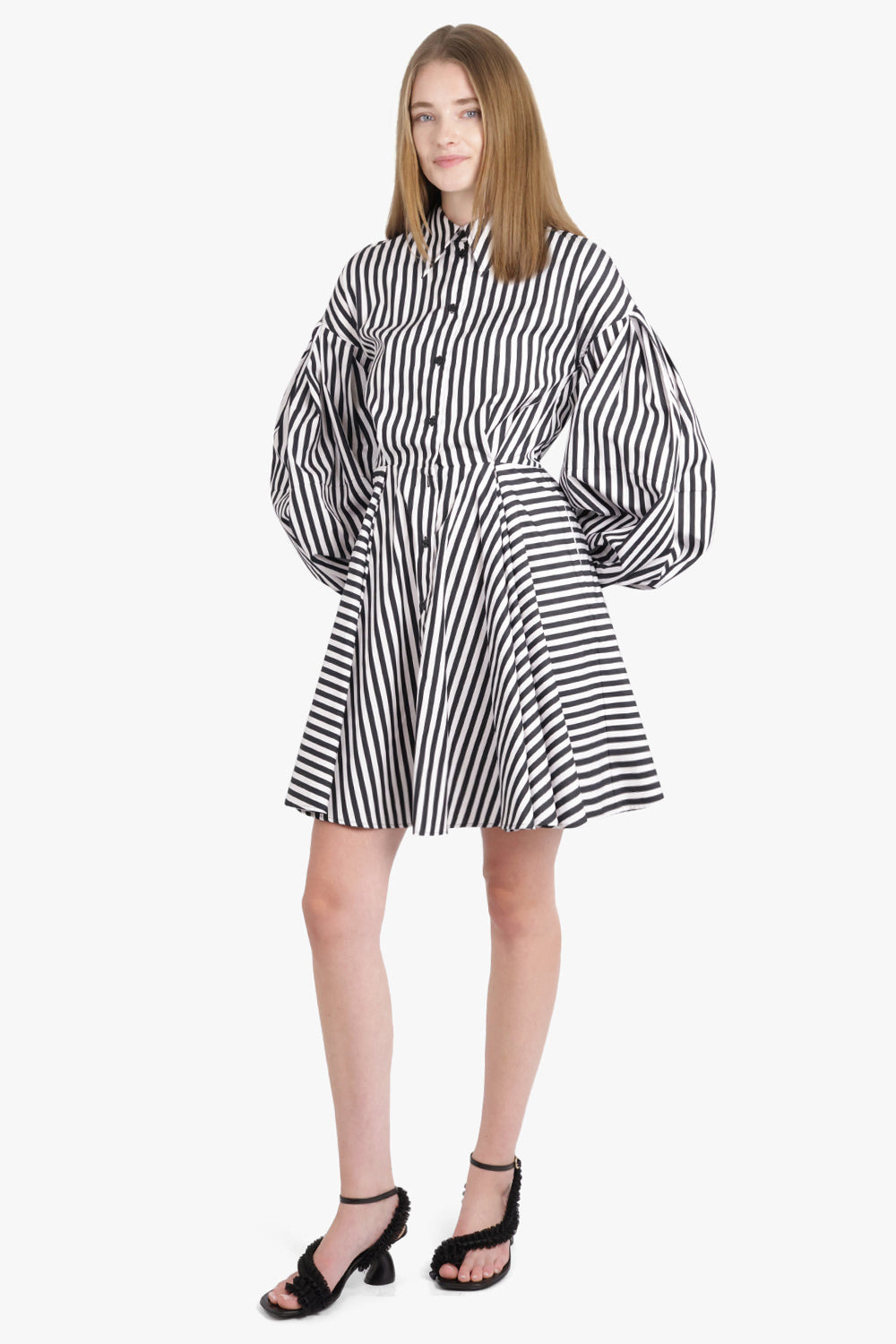 STRIPE L/S MIDI SHIRT DRESS WITH BALLOON SLEEVES | BLACK/WHITE - 2