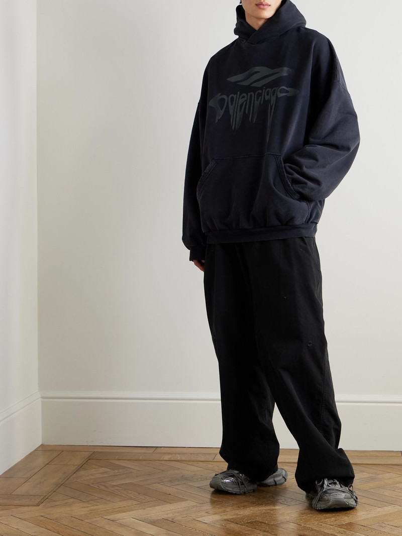 BALENCIAGA Wide-Leg Distressed Cotton Cargo Trousers Black outlook