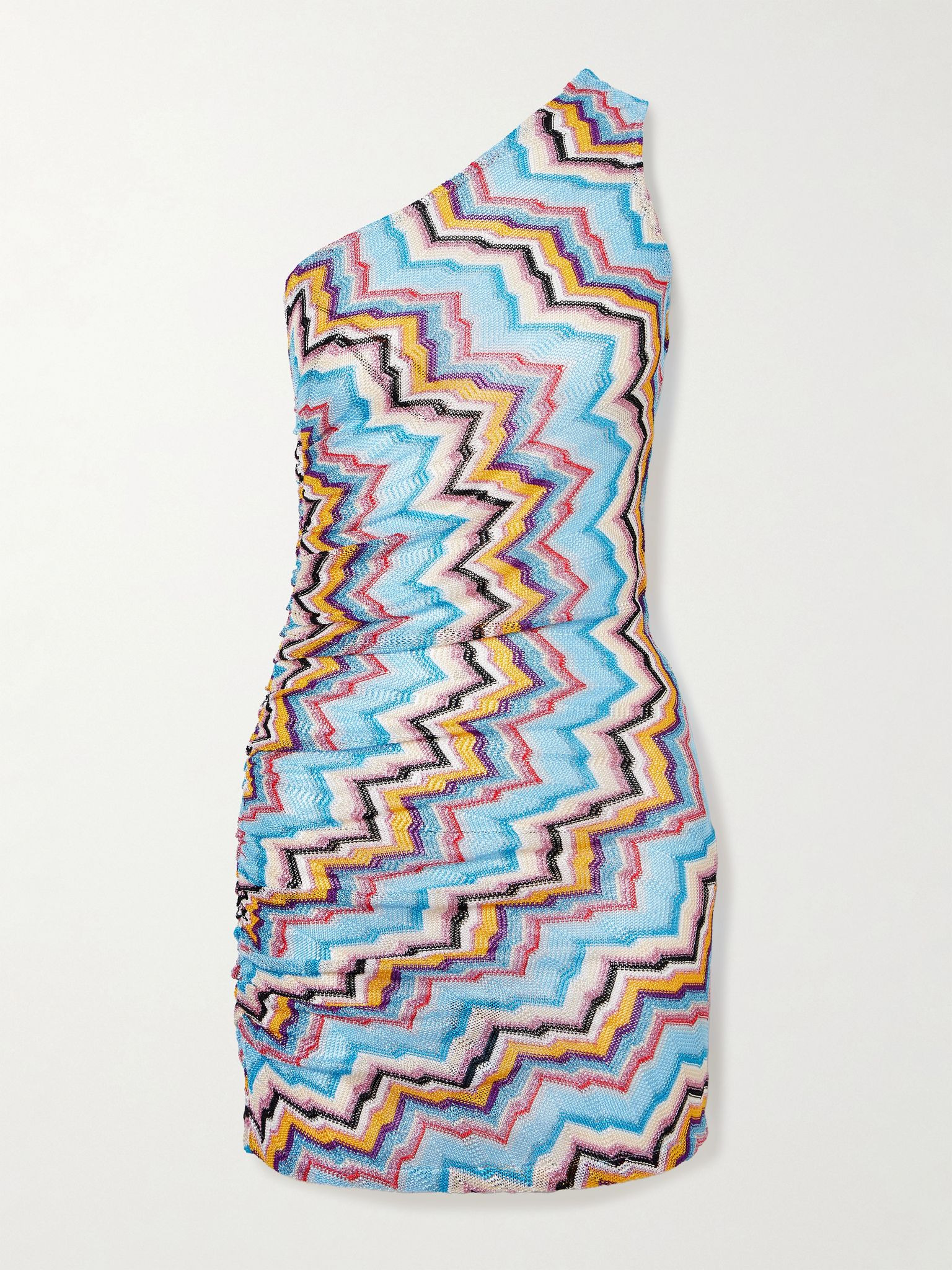 One-shoulder gathered metallic striped crochet-knit mini dress Blue - 1