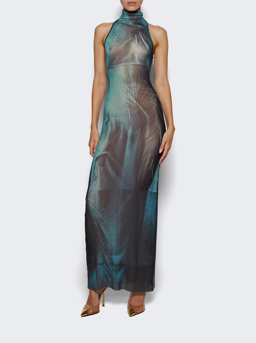 Mesh High Neck Long Dress Water Print - 5