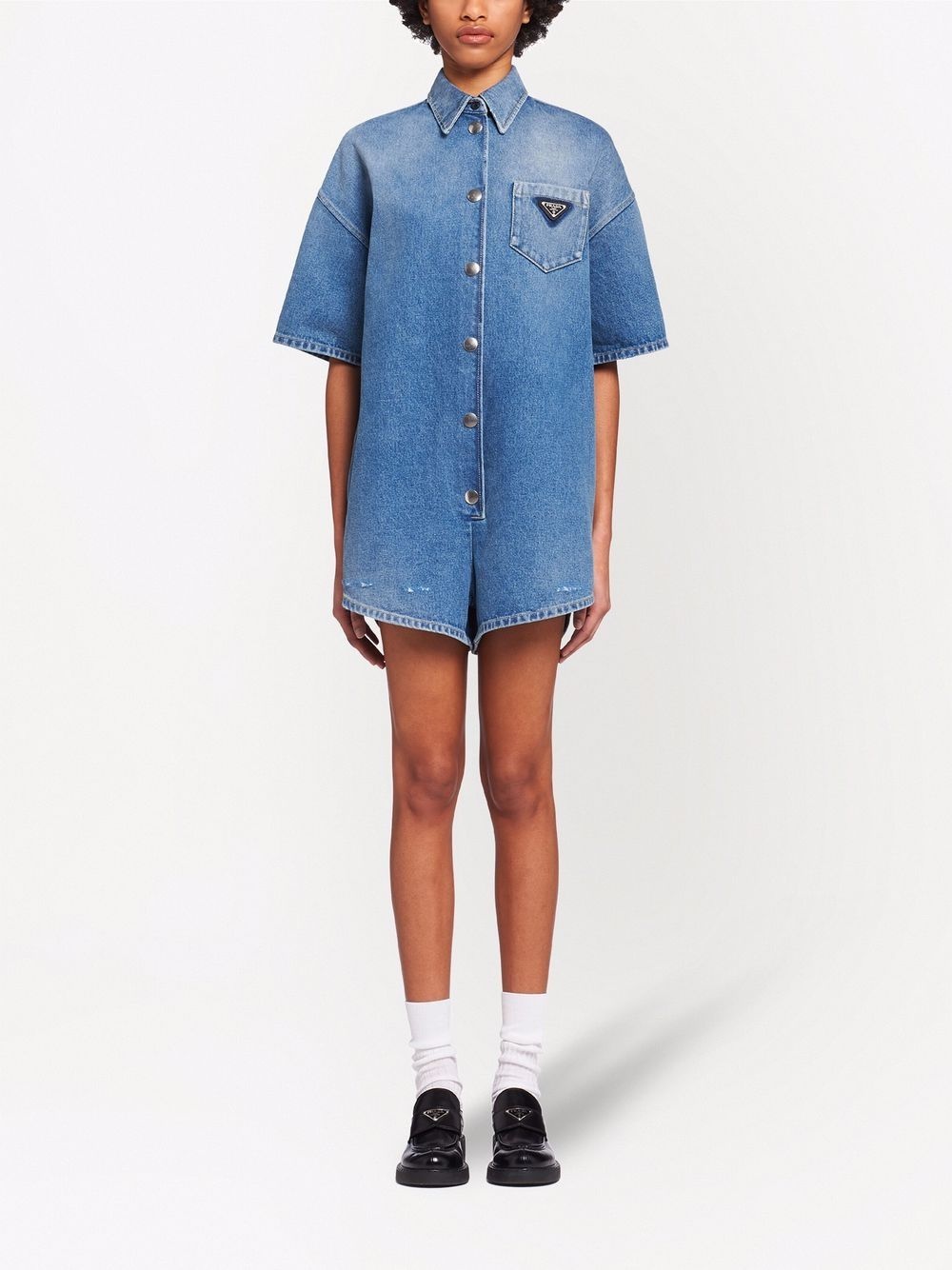 logo-patch denim playsuit - 2