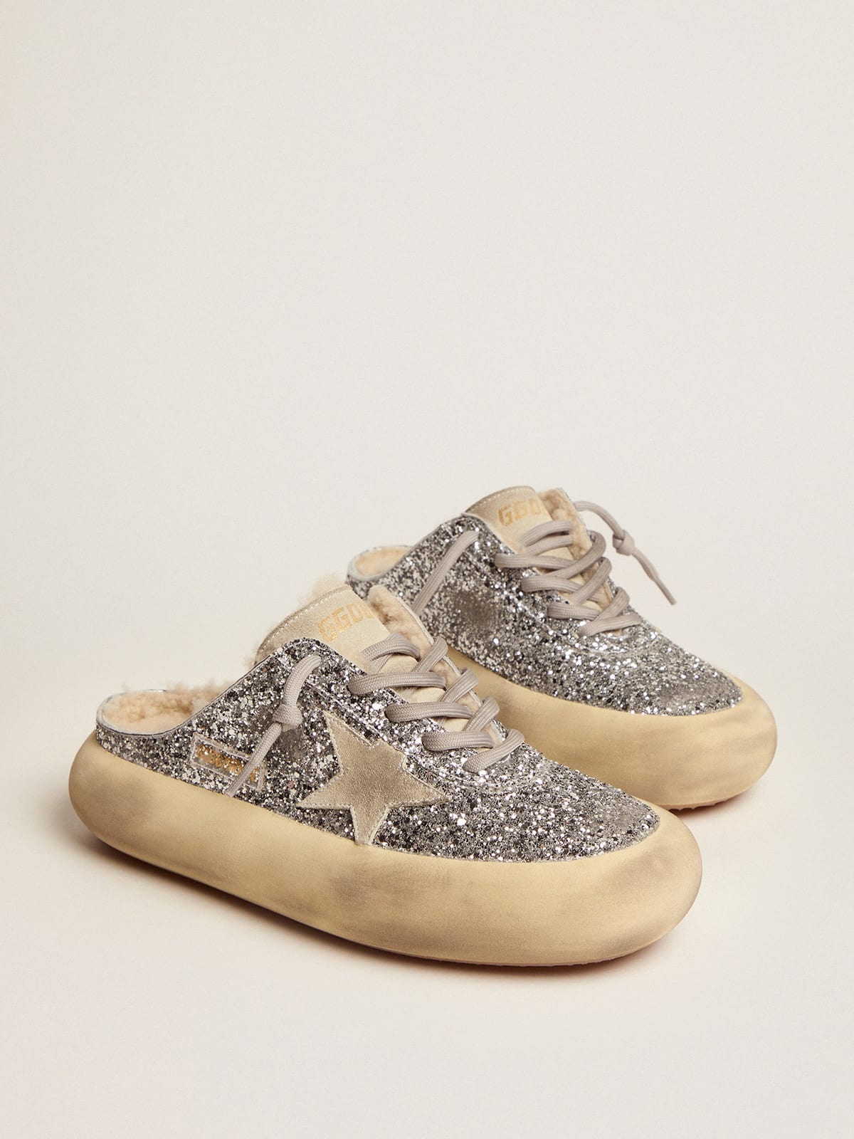 Space-Star Sabot shoes in silver glitter with shearling lining - 2
