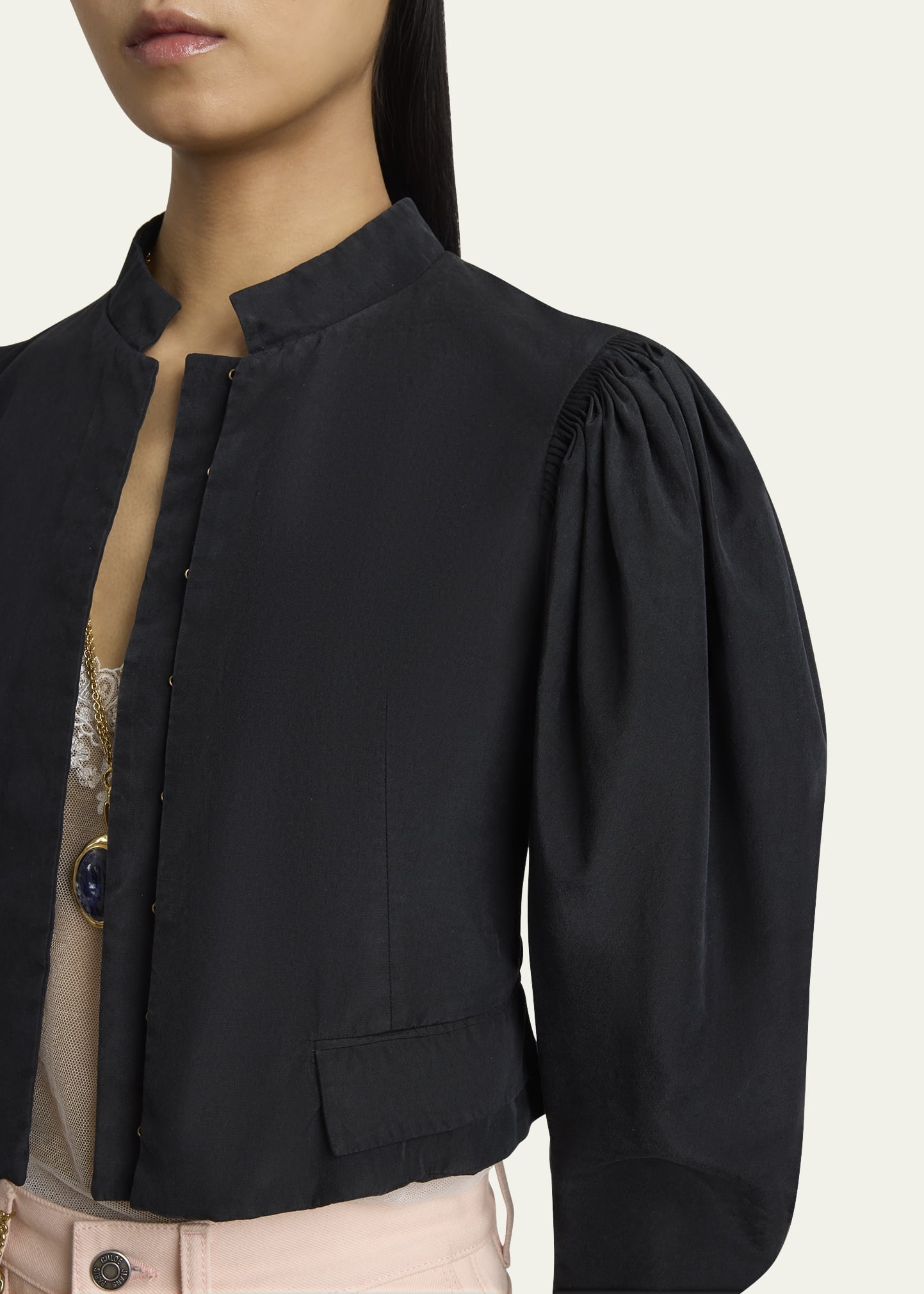 Puff-Sleeve Cropped Silk Jacket - 5