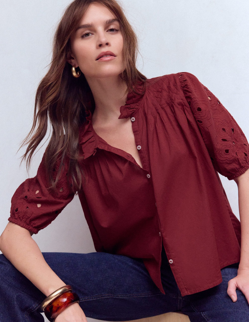 Cutwork Puff Sleeve Top-Russet - 1