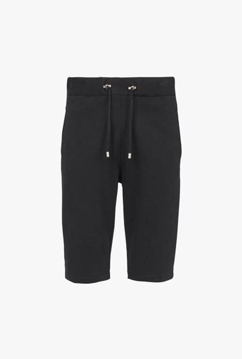 Black eco-designed cotton shorts with white and gold Balmain Paris logo print 1