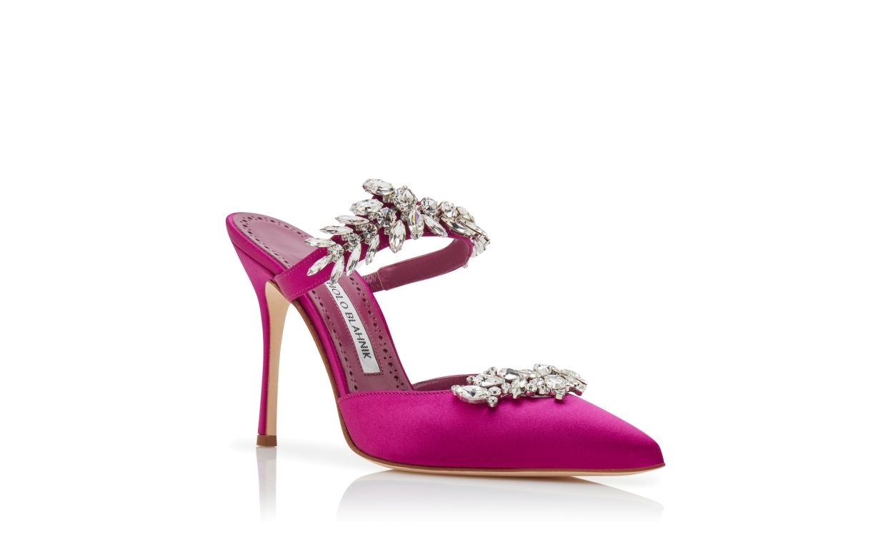 Fuchsia Satin Crystal Embellished Mules - 3