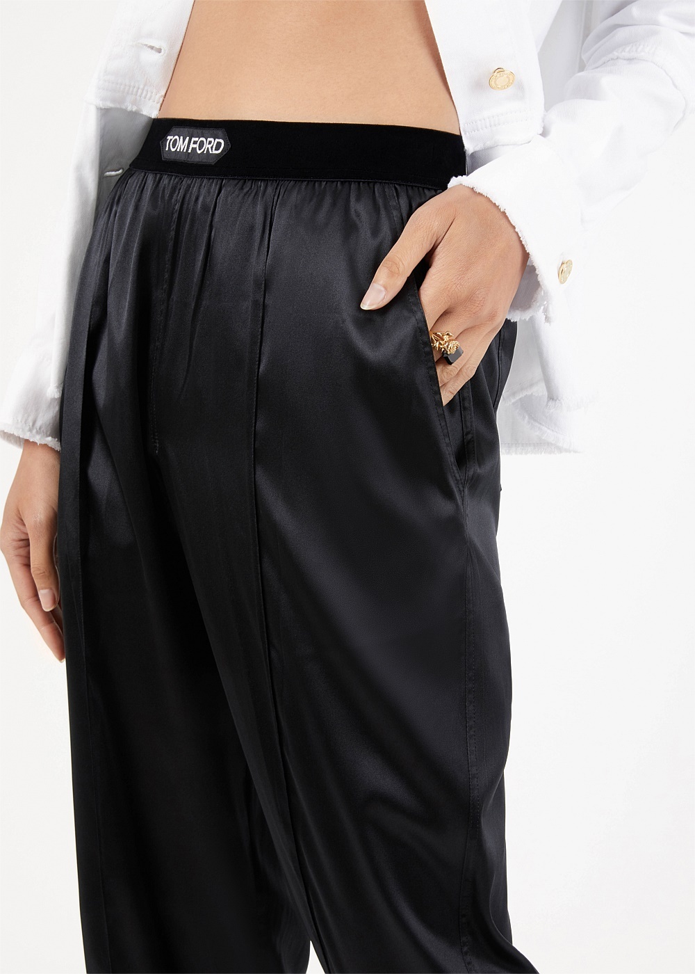 Black Stretch Silk Satin PJ Pants - 5