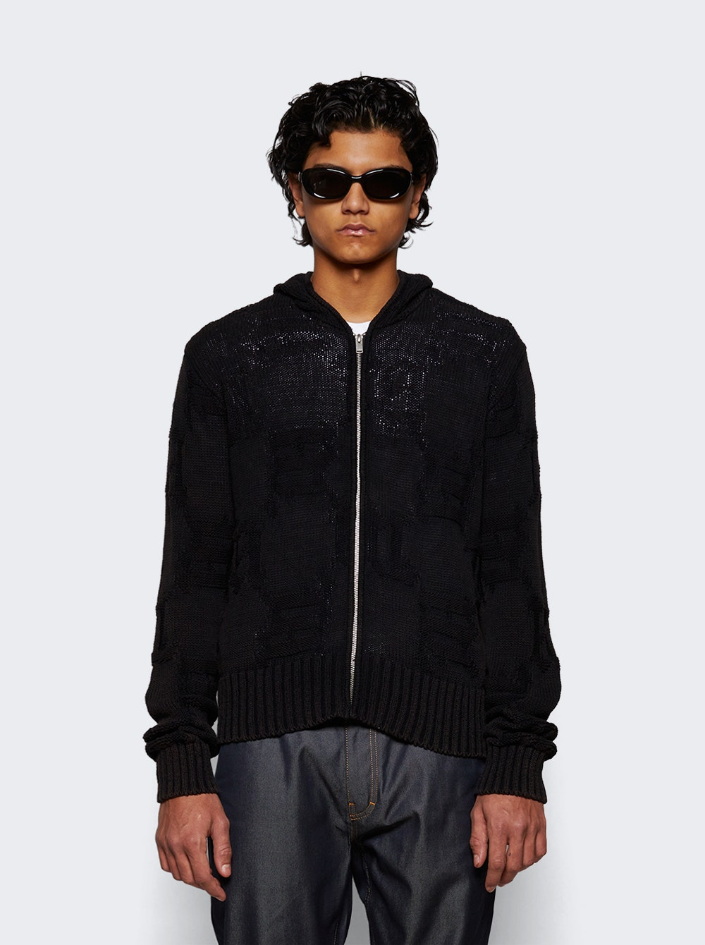 Acid Washed Knitted Hoodie Black - 3