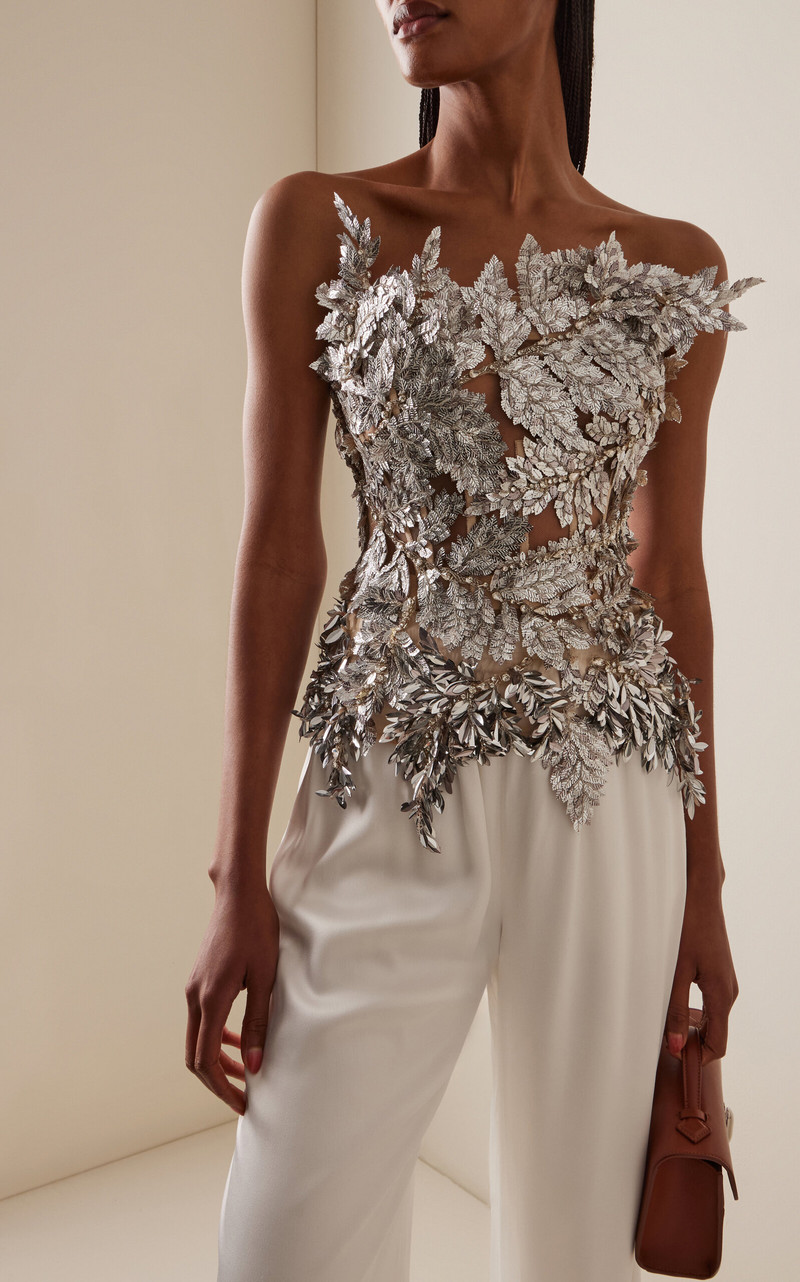 Oscar de la Renta Metallic Embroidered Tulle Top silver outlook