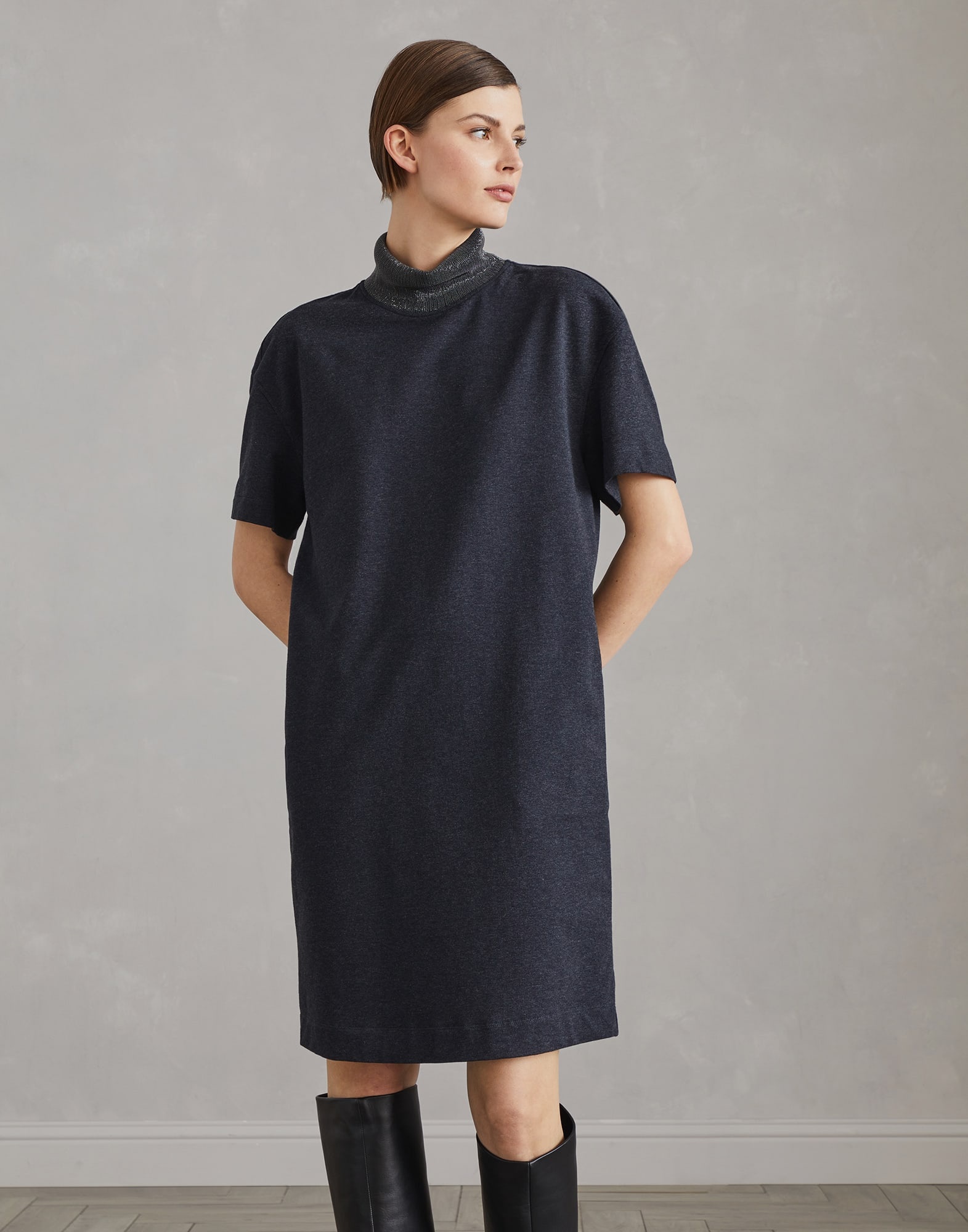 Stretch cotton lightweight French terry dress with precious ribbed collar - 1