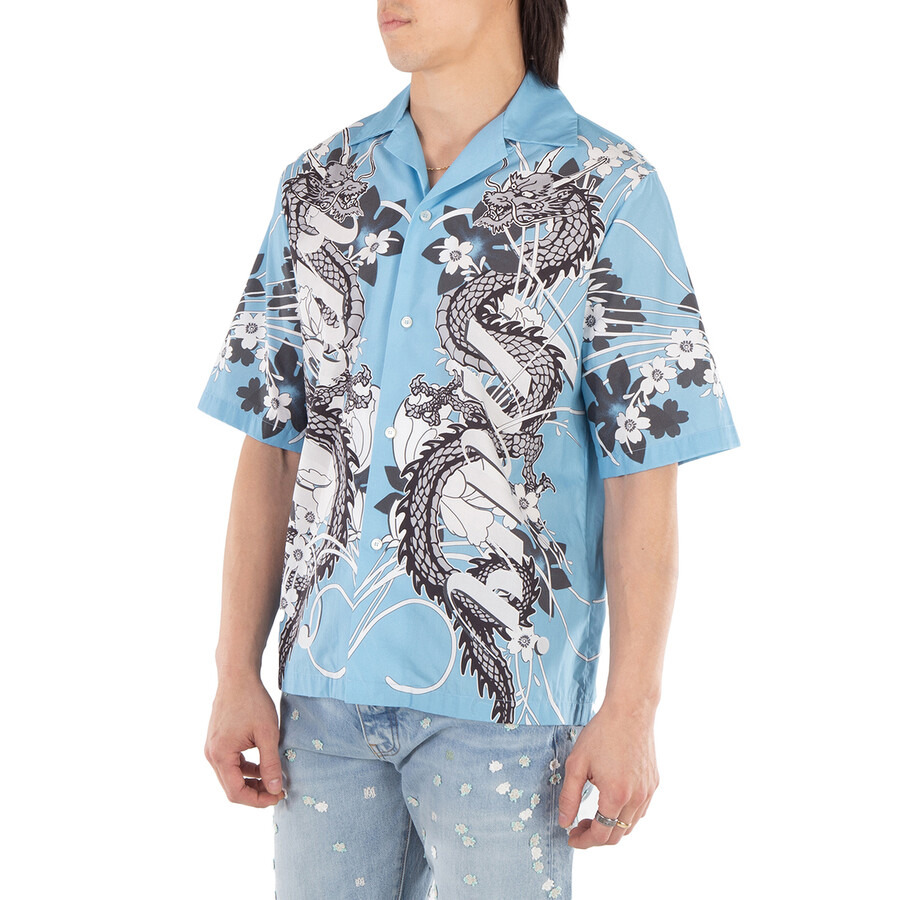 Amiri Men's Blue Dragon Printed Short-Sleeved Bowling Shirt - 2