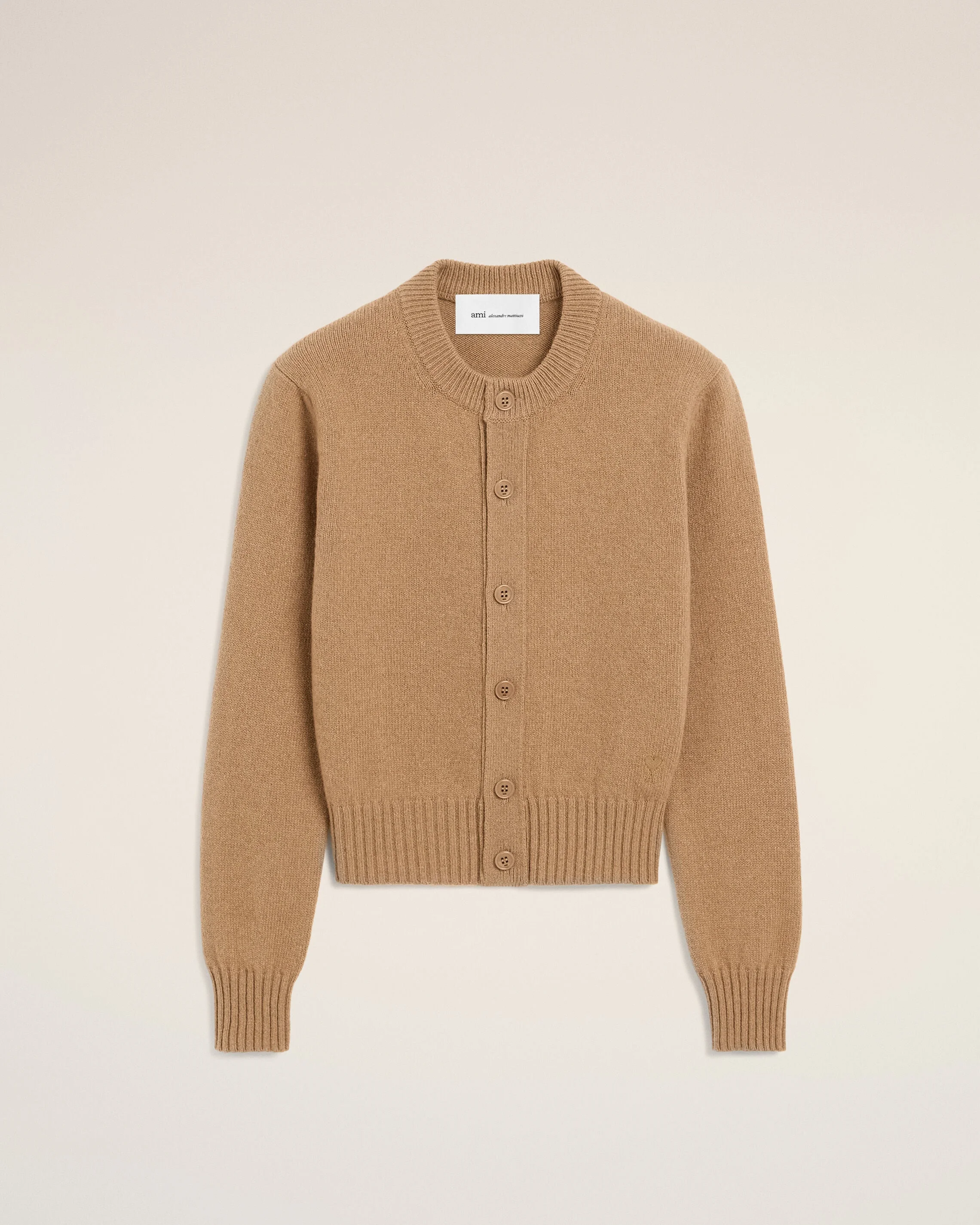 BEIGE CREWNECK CASHMERE CARDIGAN WITH AMI DE COEUR - 1