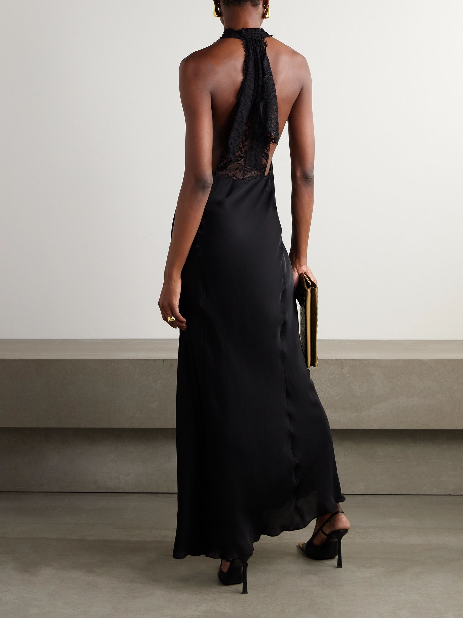 Lace-trimmed silk-charmeuse halterneck gown Black - 3