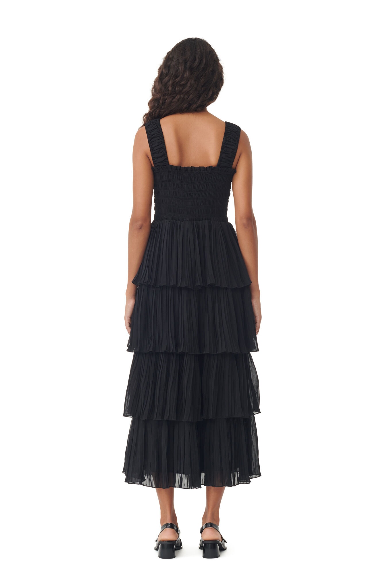 BLACK PLEATED GEORGETTE FLOUNCE SMOCK MIDI DRESS - 4