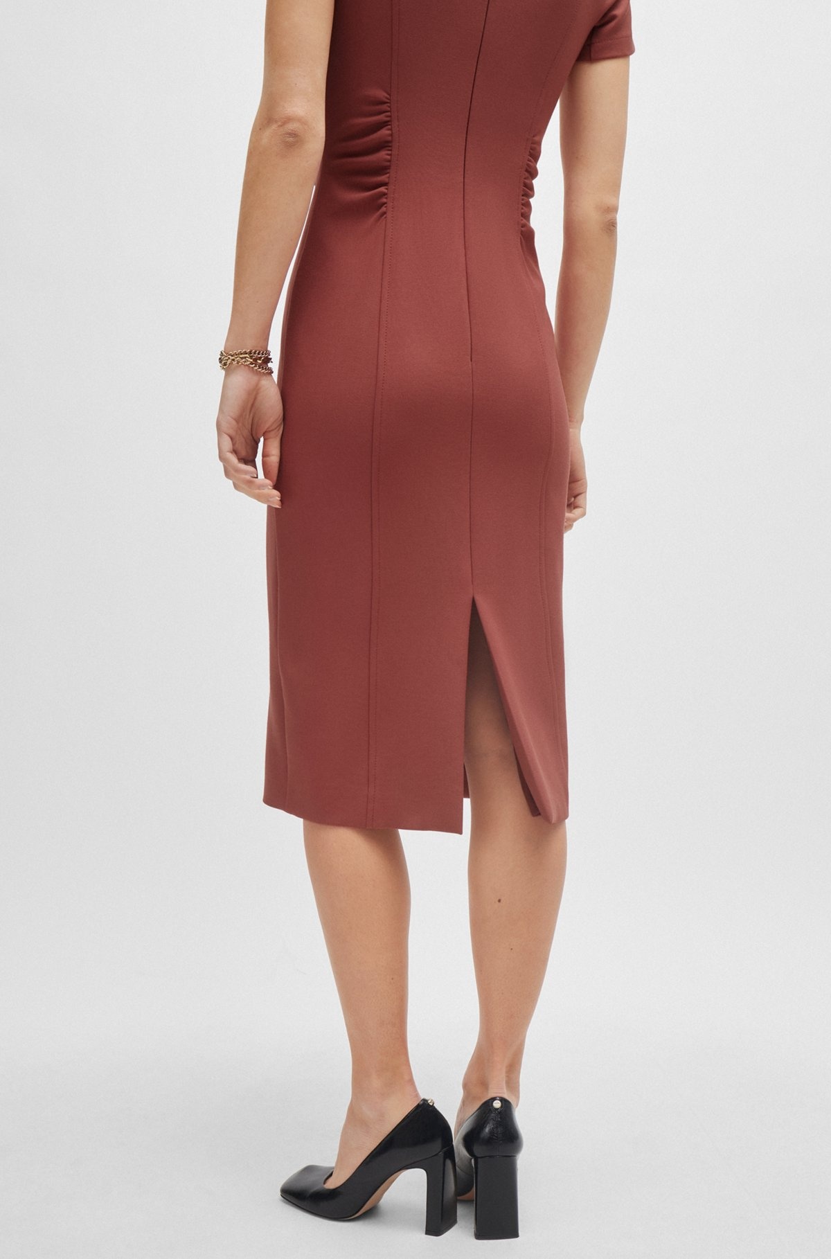 SLIT-FRONT BUSINESS DRESS WITH GATHERED DETAILS - 6