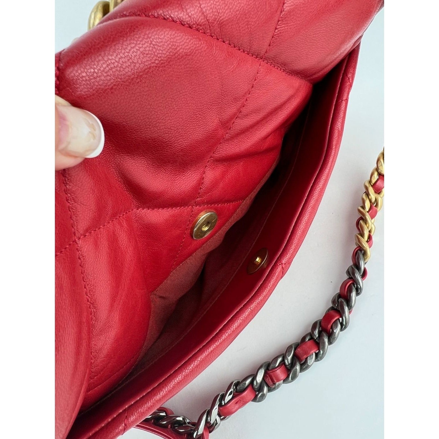 Chanel 19 Large Quilted Goatskin Silver and Gold Red Flap Bag - 12