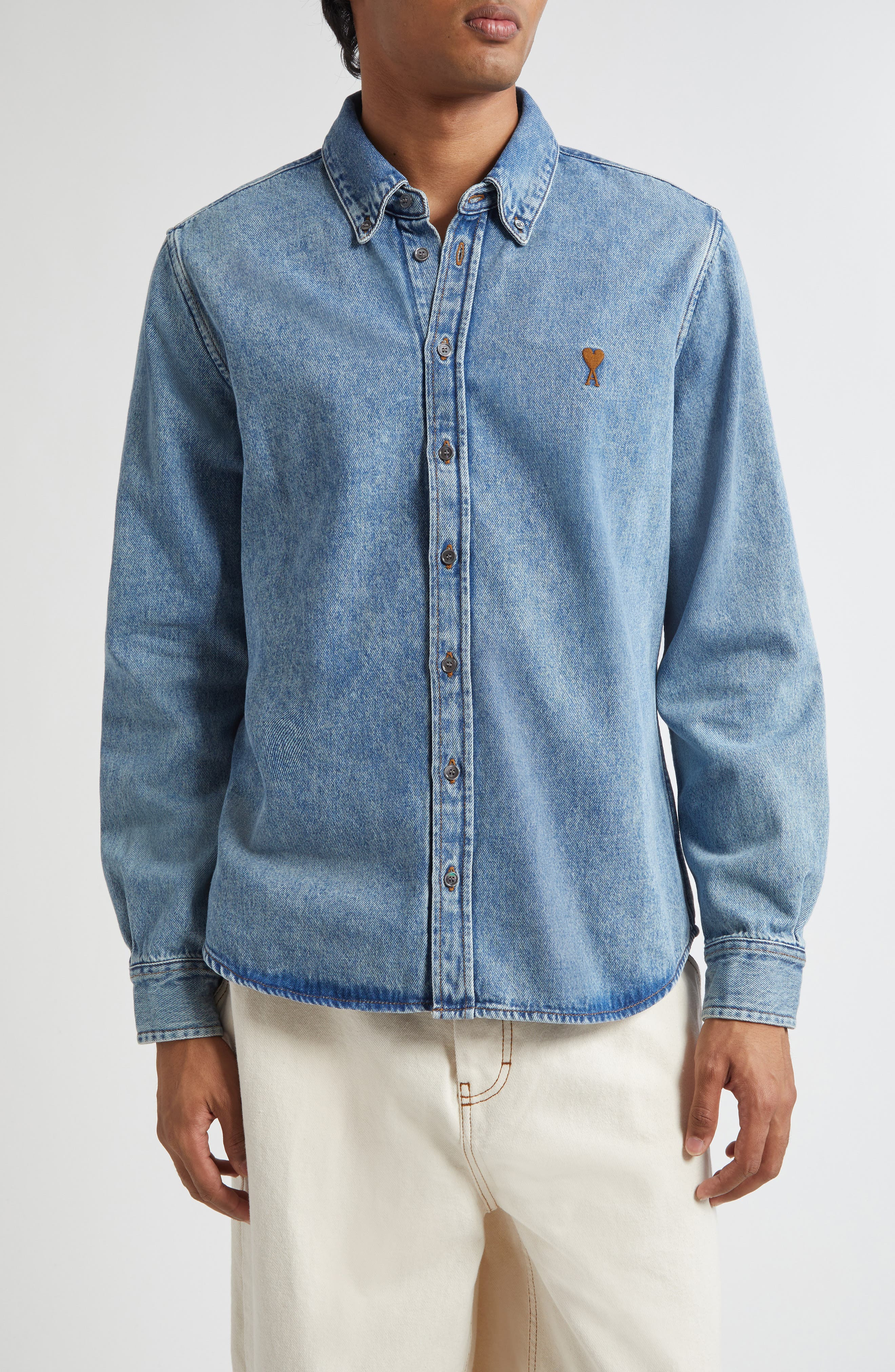 AMI PARIS Ami De Coeur Embroidered Cotton Denim Button-Down Shirt in Bleu Used at Nordstrom - 1