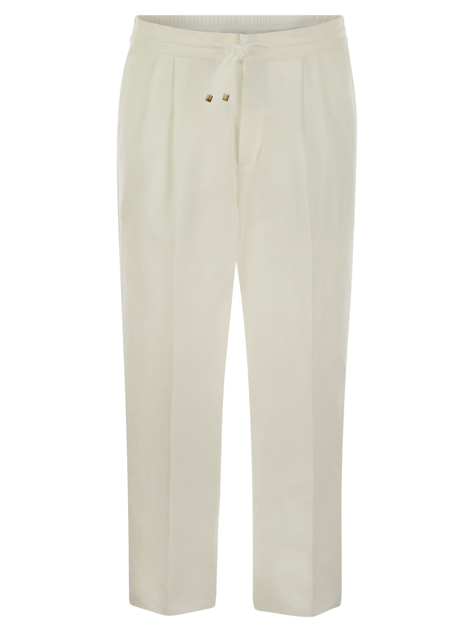 Brunello Cucinelli Men Leisure Fit Trousers In Linen And Cotton Gabardine With Drawstring And Double - 1