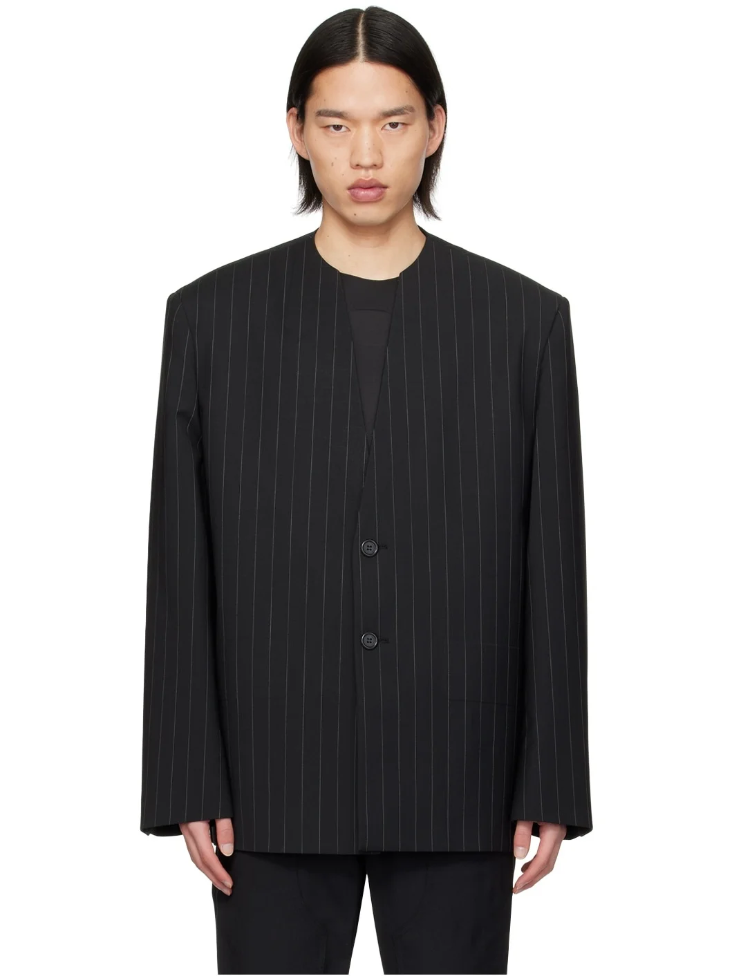 Black Striped Embossed Blazer - 1