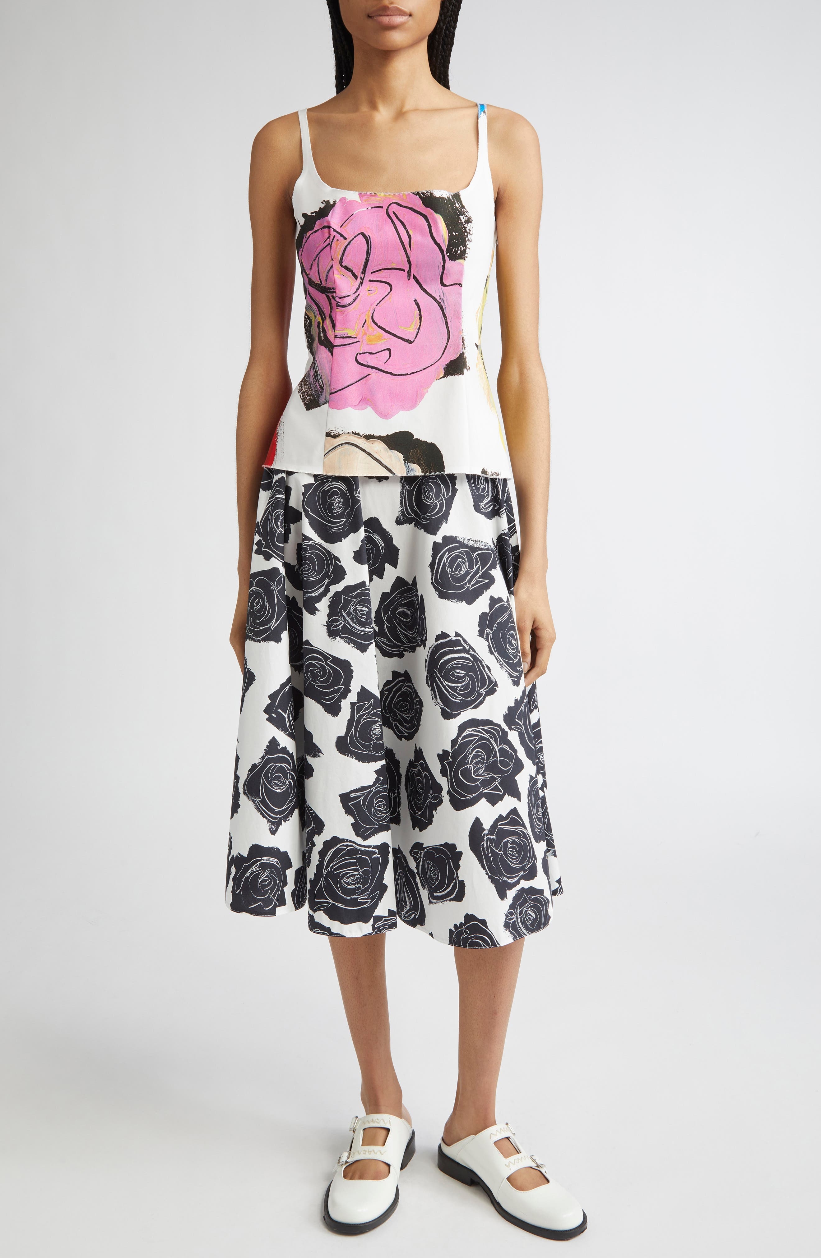 Marni Rose Print Cotton Midi Skirt in Lily White at Nordstrom - 2