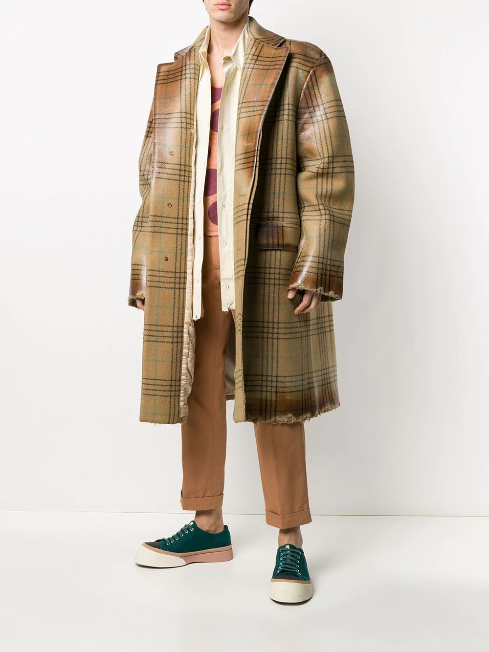 distressed-effect oversized check coat - 2