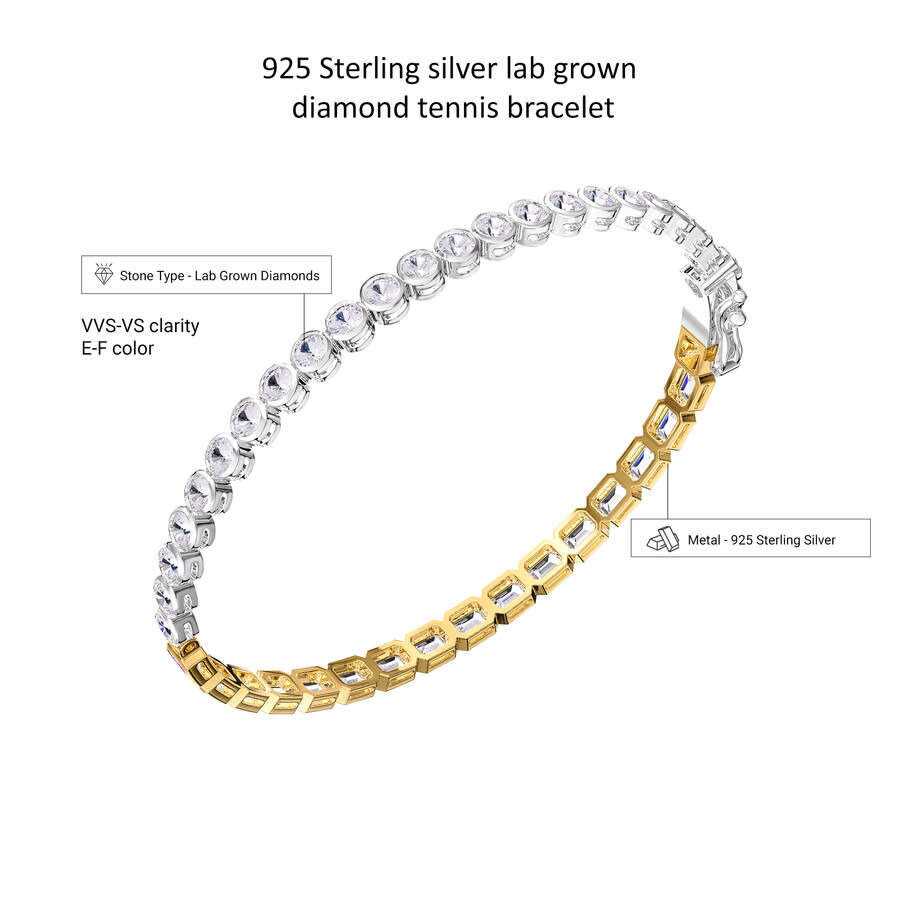 Diamond2Deal - Diamond2Deal 925 Sterling Silver Two-tone 6.4 ct Round & Emerald cut Lab Grwon Diamond Tennis Bracel - 3