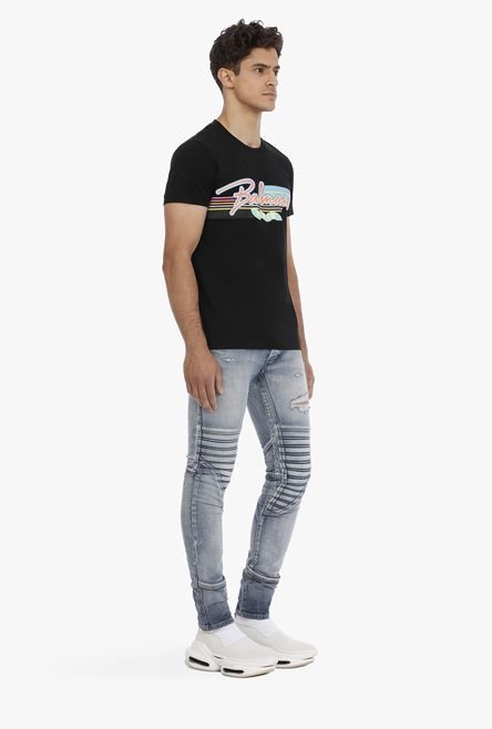 EXCLUSIVE - Black cotton T-shirt with multicolor Balmain Paris logo - 7