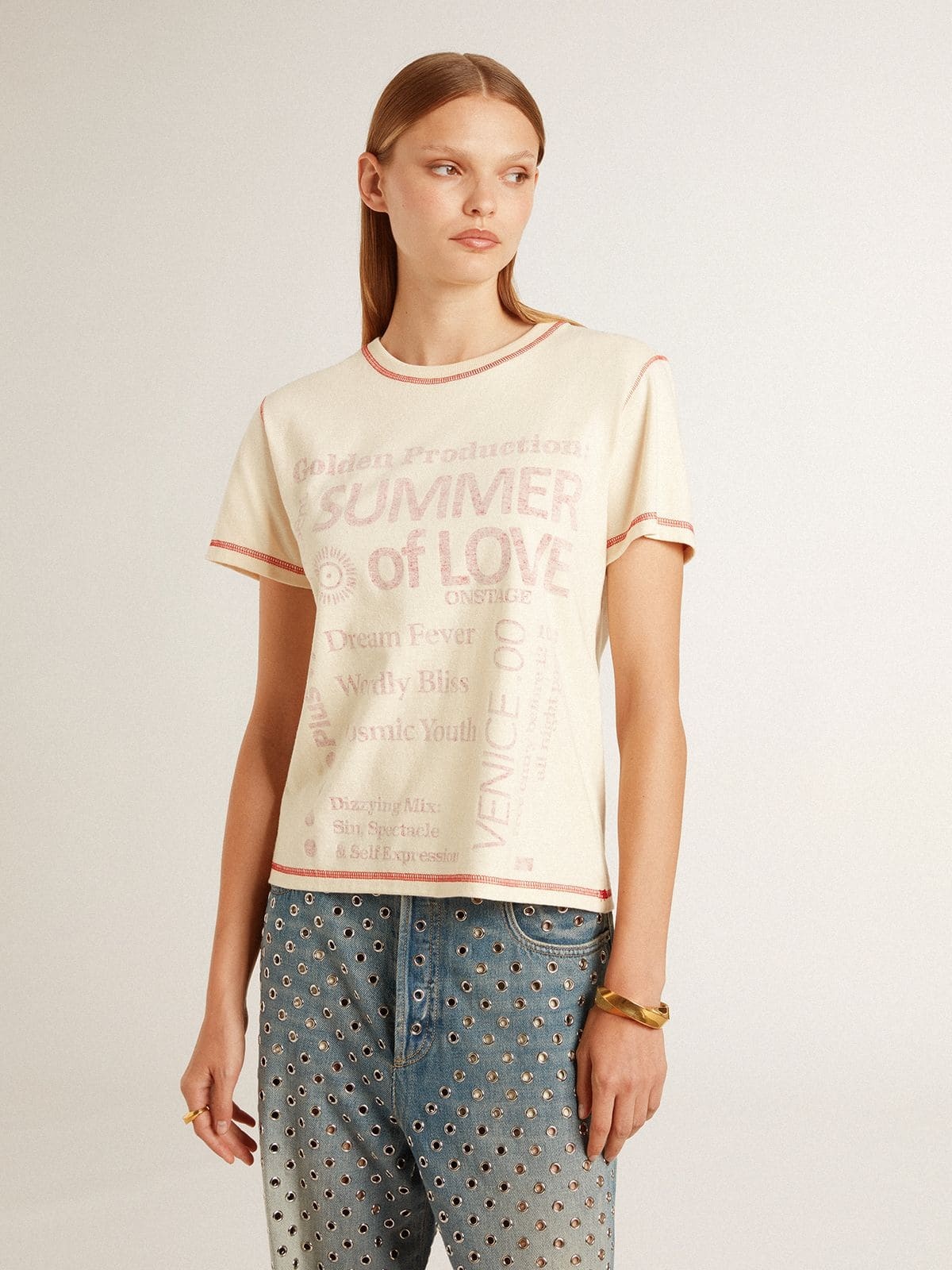 Women's cream T-shirt with faded red accents - 2