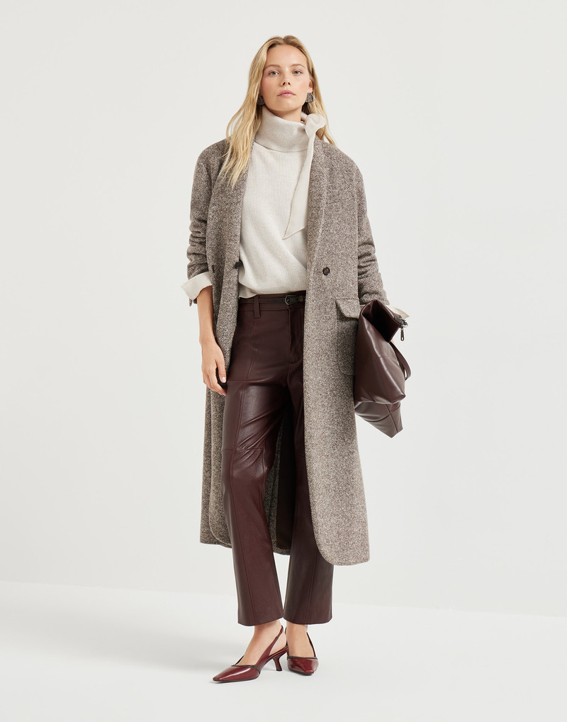 Virgin wool and silk mélange diagonal belted coat with monili 5