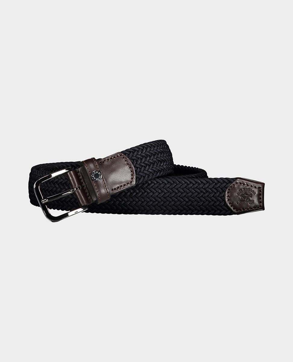 Leather trimmed woven elastic belt - 1